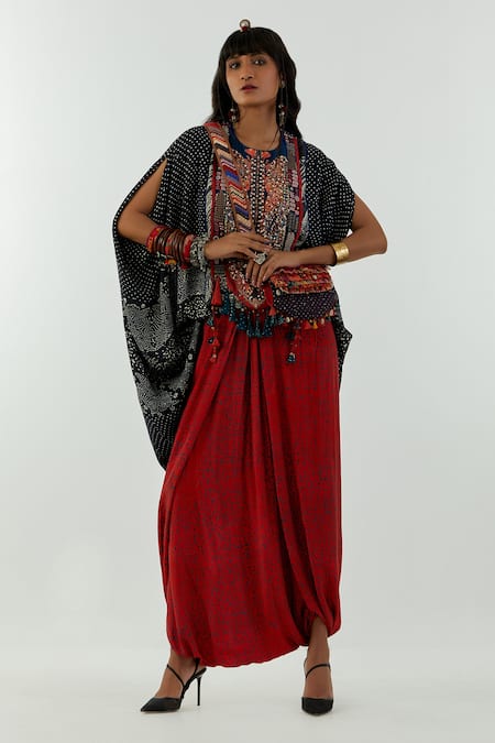 Aseem Kapoor_Black Natural Crepe Ambi, Resham Thread Ritu Print Kaftan Tunic And Pant Set_at_Aza_Fashions