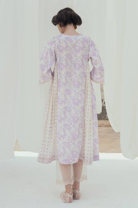 Shop Itr By Khyati Pande Beige Handloom Cotton Embroidery, Lace V-neck Bellflower Hand Block Print Kurta at Aza Fashions Shop_Itr By Khyati Pande_Beige Handloom Cotton Embroidery, Lace V-neck Bellflower Hand Block Print Kurta_at_Aza_Fashions