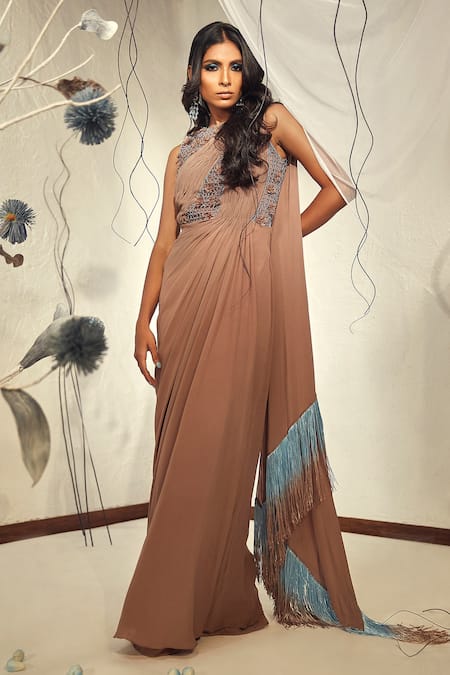 Babita Malkani Floral Ombre Fringed Saree Gown 