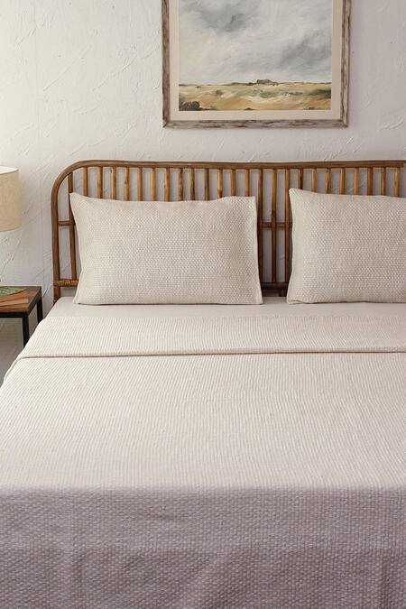 Shop House This Off White 100% Cotton Vindhya Stripe Embroidered Bedcover at Aza Fashions Shop_House This_Off White 100% Cotton Vindhya Stripe Embroidered Bedcover_at_Aza_Fashions