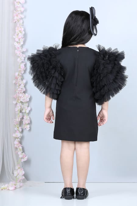 Shop_The Little Celebs_Black Crepe Short Dress With Frill Sleeves _at_Aza_Fashions