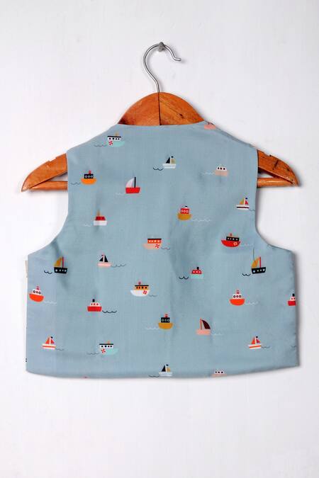 Shop Little Brats Blue Cotton, Kota Doria Yacht Print Waistcoat at Aza Fashions Shop_Little Brats_Blue Cotton, Kota Doria Yacht Print Waistcoat _at_Aza_Fashions