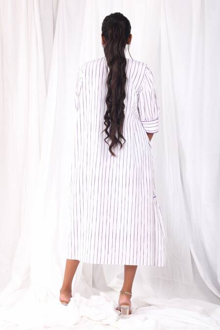 Shop Khat White Cotton, Poplin Round Neck Striped Print Tiered Dress at Aza Fashions Shop_Khat_White Cotton, Poplin Round Neck Striped Print Tiered Dress _at_Aza_Fashions