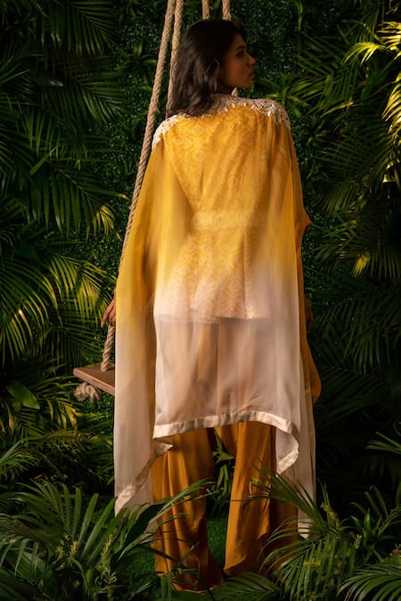 Shop Pallavi Poddar Yellow Crepe, Organza, Muslin Udaipur Ombre Open Front Cape And Draped Pant Set at Aza Fashions Shop_Pallavi Poddar_Yellow Crepe, Organza, Muslin Udaipur Ombre Open Front Cape And Draped Pant Set _at_Aza_Fashions