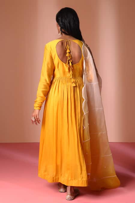 Shop_Soha By Harleen And Sona_Yellow Chanderi Silk, Organza, Cotton Crystals Round High-low Anarkali Pant Set _at_Aza_Fashions