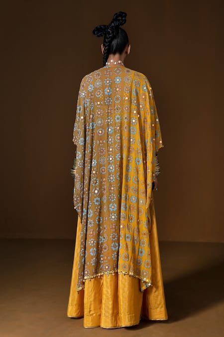 Shop Pooja Rajgarhia Gupta Gold Silk, Georgette Sequins, Mirrors V-neck Ombre Floral Cape And Sharara Set at Aza Fashions Shop_Pooja Rajgarhia Gupta_Gold Silk, Georgette Sequins, Mirrors V-neck Ombre Floral Cape And Sharara Set _at_Aza_Fashions