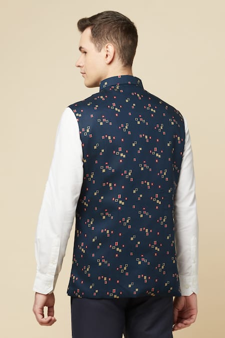 Shop_SPRING BREAK_White Cotton, Polyester Geometric Printed Bundi And Shirt Set _at_Aza_Fashions