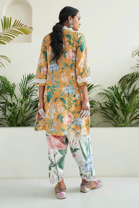 Shop Sage Saga Yellow Linen Embroidery V-neck Freesia Floral Print Tunic at Aza Fashions Shop_Sage Saga_Yellow Linen Embroidery V-neck Freesia Floral Print Tunic _at_Aza_Fashions