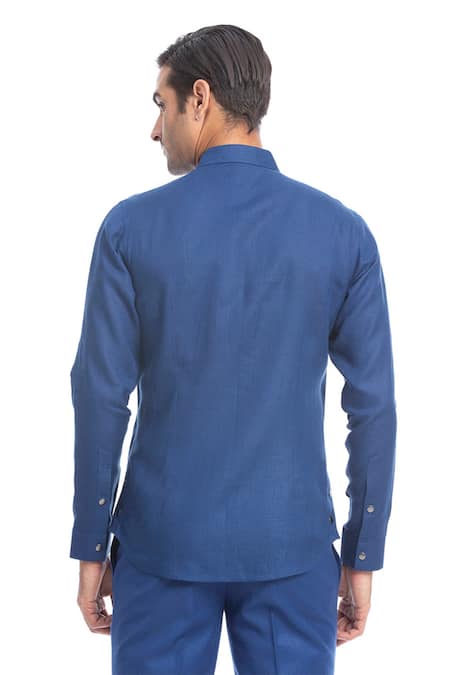 Shop Rohit Gandhi + Rahul Khanna Blue Linen Double Flap Pocket Shirt at Aza Fashions Shop_Rohit Gandhi + Rahul Khanna_Blue Linen Double Flap Pocket Shirt _at_Aza_Fashions