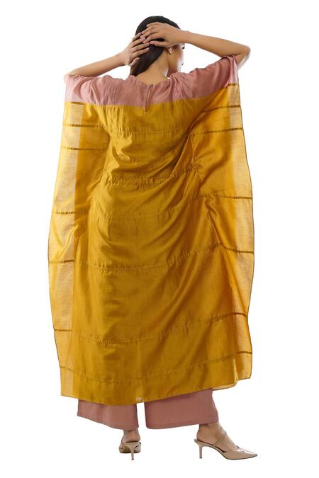 Khat_Yellow Chanderi Silk, Poplin Tassels V-neck Pintuck Kaftan And Flared Pant Set _Online_at_Aza_Fashions