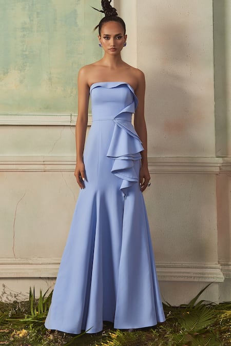 Shivani Awasty_Blue Polyester Bandeau Neck Maxine Strapless Gown _Online_at_Aza_Fashions
