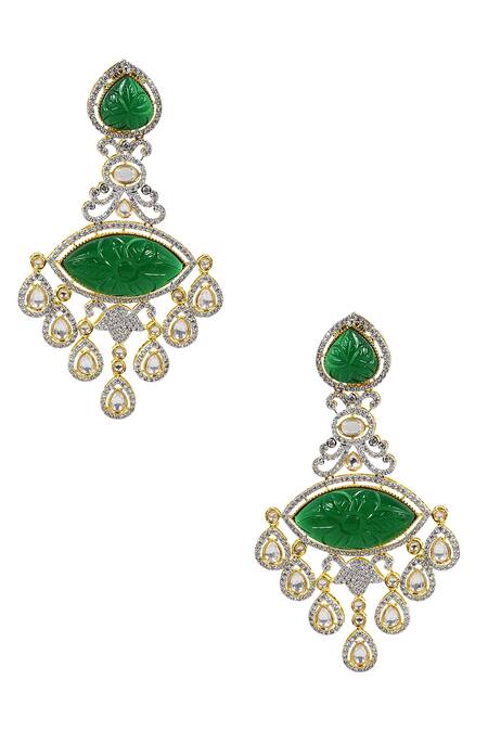 Shop Tizora Green Fabric Flowers Carved Diamond Chandelier Earrings at Aza Fashions Shop_Tizora_Green Fabric Flowers Carved Diamond Chandelier Earrings_at_Aza_Fashions