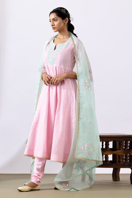 Shop Abbaran Pink Chanderi, Cotton Embroidery Split V-neck Dori Anarkali Set at Aza Fashions Shop_Abbaran_Pink Chanderi, Cotton Embroidery Split V-neck Dori Anarkali Set _at_Aza_Fashions