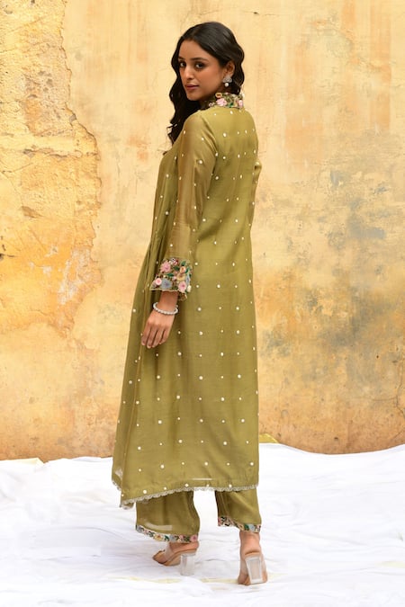 Shop_Label Niti Bothra_Green Silk Embroidery Collared Polka Dot Long Shirt Kurta And Palazzo Set _at_Aza_Fashions