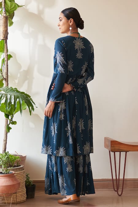 Shop Rekha Agra Blue Crepe, Cotton, Silk, Organza Embroidery, Floral Print Anarkali Gharara Set at Aza Fashions Shop_Rekha Agra_Blue Crepe, Cotton, Silk, Organza Embroidery, Floral Print Anarkali Gharara Set _at_Aza_Fashions