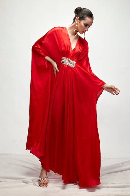 Shop_Ranian_Red Silk Embroidery V-neck Pleated Kaftan _at_Aza_Fashions