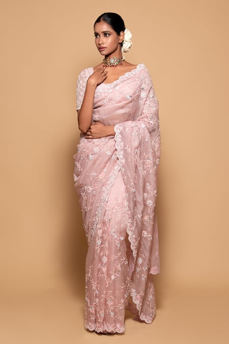 Shop Pallavi Poddar Pink Organza, Net, Cotton Sequins, Floral Jaal Embroidered Saree With Blouse at Aza Fashions Shop_Pallavi Poddar_Pink Organza, Net, Cotton Sequins, Floral Jaal Embroidered Saree With Blouse _at_Aza_Fashions