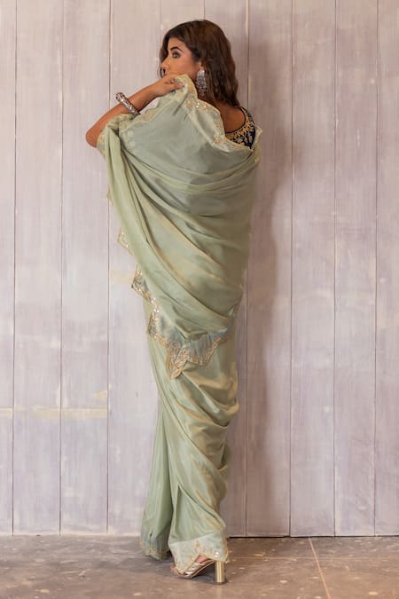 Shop The Home Affair Green Chiffon, , Satin Zig-zag Border Saree With Embellished Blouse at Aza Fashions Shop_The Home Affair_Green Chiffon, , Satin Zig-zag Border Saree With Embellished Blouse _at_Aza_Fashions