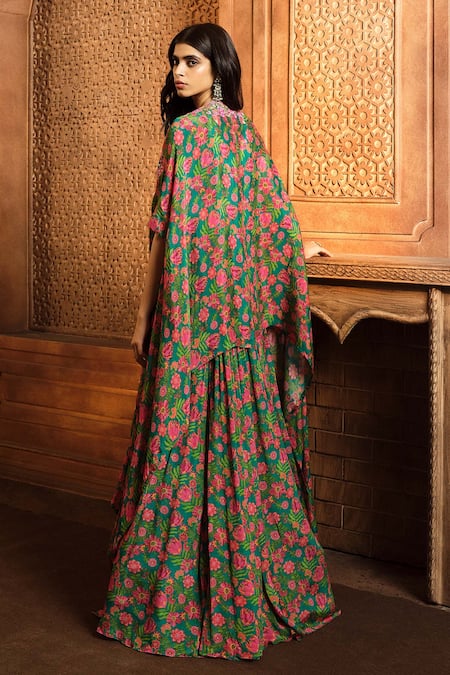 Shop Aneesh Agarwaal Green Chiffon, Organza Embroidery Scoop Neck Floral Print Cape Skirt Set at Aza Fashions Shop_Aneesh Agarwaal_Green Chiffon, Organza Embroidery Scoop Neck Floral Print Cape Skirt Set _at_Aza_Fashions