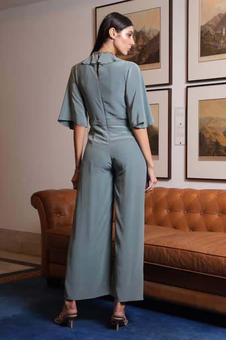 Shop Label Ruhbab Green Silk, Viscose Crystals, Beads, Cut Embroidered Neckline Crepe Jumpsuit at Aza Fashions Shop_Label Ruhbab_Green Silk, Viscose Crystals, Beads, Cut Embroidered Neckline Crepe Jumpsuit _at_Aza_Fashions