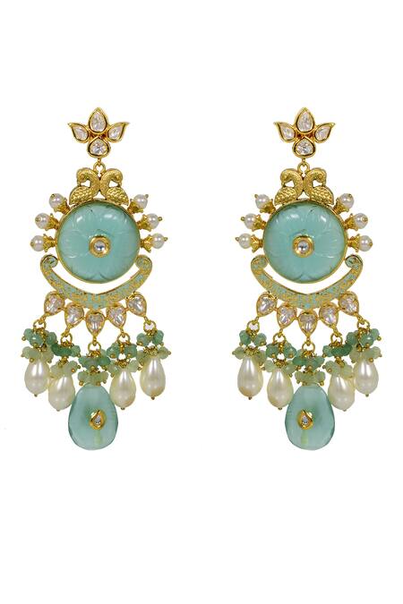 Tizora_Multi Color Pearls, Crystals, Diamonds Peacock Carved Earrings _Online_at_Aza_Fashions