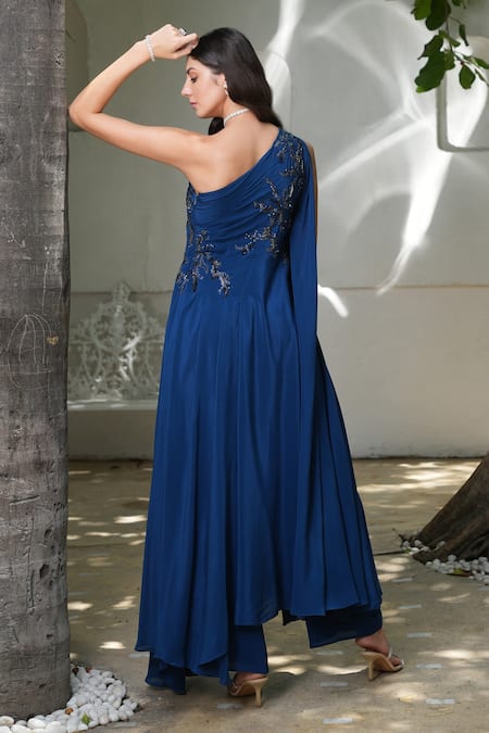 Shop Label Ruhbab Blue Silk, Crepe, Linen Sequins, Crystals One Shoulder Draped Kaftan And Pant Set at Aza Fashions Shop_Label Ruhbab_Blue Silk, Crepe, Linen Sequins, Crystals One Shoulder Draped Kaftan And Pant Set _at_Aza_Fashions