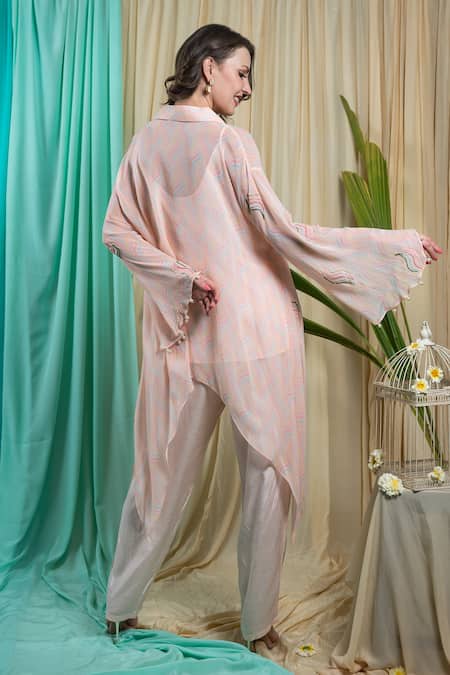 Shop Seams Pret And Couture Pink Georgette Printed Wave Shirt Collar Hilda Asymmetric Hem Kurta With Pant at Aza Fashions Shop_Seams Pret And Couture_Pink Georgette Printed Wave Shirt Collar Hilda Asymmetric Hem Kurta With Pant _at_Aza_Fashions