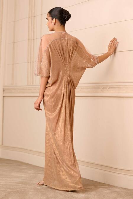 Shop_Tarun Tahiliani_Gold Crepe, Lace, Lycra Crystals Round Neck Metallic Neckline Embellished Gown_at_Aza_Fashions