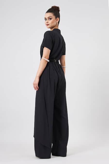 Shop Aakaar Black Crystals Bandeau Neck Draped Jumpsuit With Belt at Aza Fashions Shop_Aakaar_Black Crystals Bandeau Neck Draped Jumpsuit With Belt _at_Aza_Fashions