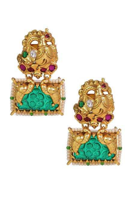 Shop Tizora Green Stone Antique Engraved Earrings at Aza Fashions Shop_Tizora_Green Stone Antique Engraved Earrings_at_Aza_Fashions