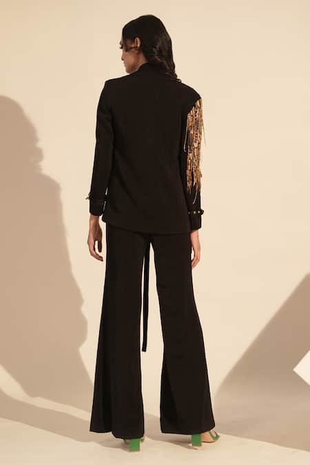 Shop_Nikita Mhaisalkar_Black Lace, Lurex Sequins, Embroidery V-neck Embellished Blazer Pant Set _at_Aza_Fashions