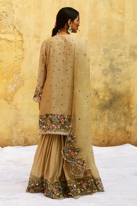 Shop_Label Niti Bothra_Ivory Silk, Bamboo Embroidery Round Neck Floral Kurta And Sharara Set _at_Aza_Fashions