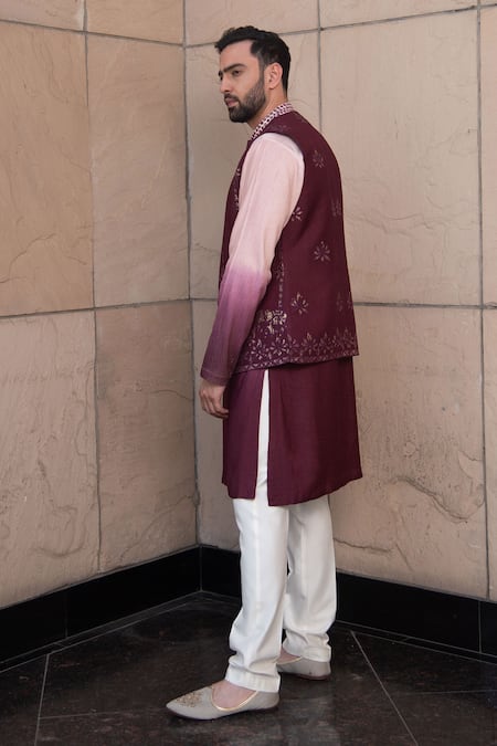 Shop_Soniya G_Wine Silk Embroidery Floral Embellished Bundi And Kurta Set _at_Aza_Fashions