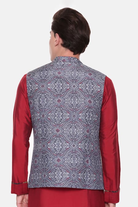 Mayank Modi - Men Vintage Print Blue Bundi 