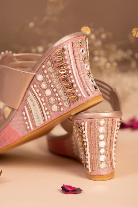 House Of Vian_Pink Beads, Mirrors Jharokha Embroidered Kolhapuri Wedges _Online_at_Aza_Fashions