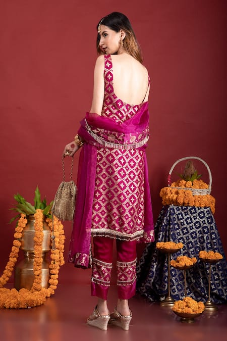 MONK & MEI BY SONIA ANAND_Purple Brocade, Satin, Chiffon Tassels, Pearls Square Neck Straight Kurta Set _Online_at_Aza_Fashions
