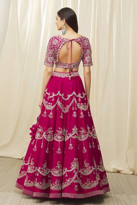 Shop Jayanti Reddy Pink , Satin Embroidery V-neck Aari Bridal Lehenga Set at Aza Fashions Shop_Jayanti Reddy_Pink , Satin Embroidery V-neck Aari Bridal Lehenga Set _at_Aza_Fashions