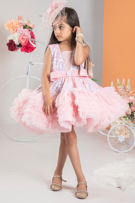 Shop Hoity Moppet Pink Satin, Tulle Sequins Embellished Fit And Flare Dress at Aza Fashions Shop_Hoity Moppet_Pink Satin, Tulle Sequins Embellished Fit And Flare Dress _at_Aza_Fashions
