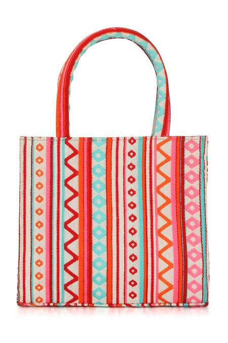 Buy Multi Color Woven Geometric Pattern Jacquard Tote Bag by NR BY 