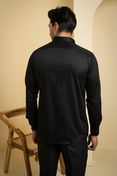 Shop Hilo Design Black Cotton Satin Embroidery Flower Shirt at Aza Fashions Shop_Hilo Design_Black Cotton Satin Embroidery Flower Shirt _at_Aza_Fashions