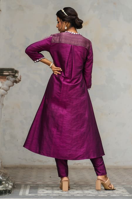 Shop Sheela Suthar Purple Denim, Silk Zari, Embroidery Mandarin Collar, Placket Kurta And Pant Set at Aza Fashions Shop_Sheela Suthar_Purple Denim, Silk Zari, Embroidery Mandarin Collar, Placket Kurta And Pant Set _at_Aza_Fashions