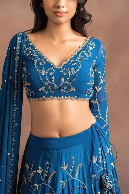 Shop_Pleats By Kaksha And Dimple_Blue Crepe, Georgette V Neck Embellished Lehenga Set_Online_at_Aza_Fashions