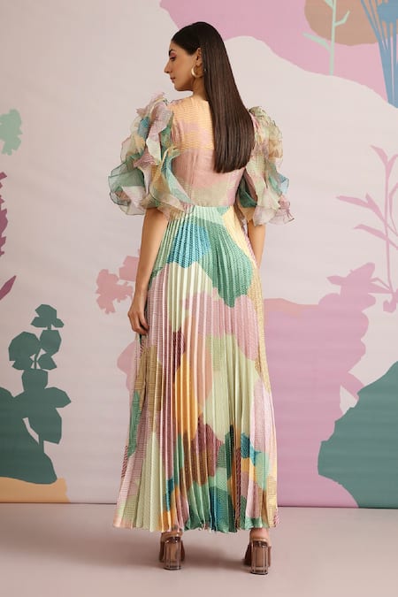 Shop Pankaj & Nidhi Green Organza, Satin Metallic V Neck Malt Pleated Ruffle Dress at Aza Fashions Shop_Pankaj & Nidhi_Green Organza, Satin Metallic V Neck Malt Pleated Ruffle Dress _at_Aza_Fashions