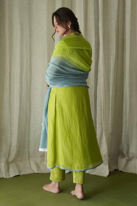 Shop Kanika Sharma Green Silk, Georgette, Embroidery, Zari, Pearls Kurta Pant Set at Aza Fashions Shop_Kanika Sharma_Green Silk, Georgette, Embroidery, Zari, Pearls Kurta Pant Set _at_Aza_Fashions