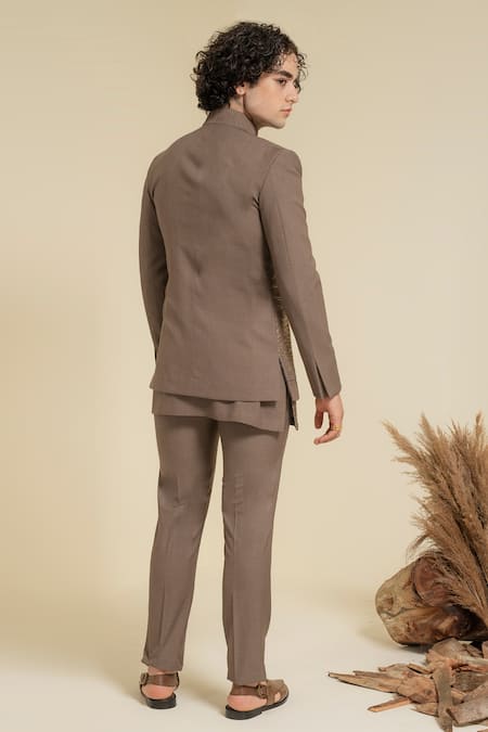 Shop_Abkasa_Brown Terrycloth, Rayon Zari Obidos Wave Embroidered Bandhgala Set _at_Aza_Fashions
