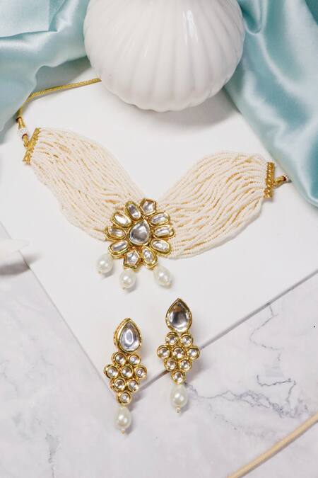 Ishhaara Gold Plated Beads Floral Kundan Choker Set Online at Aza Fashions Ishhaara_Gold Plated Beads Floral Kundan Choker Set _Online_at_Aza_Fashions