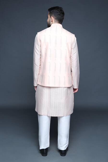 Shop_Sanjev Marwaaha_Peach Cotton, Silk Embroidery Signature Paisley Bundi Kurta Set _at_Aza_Fashions