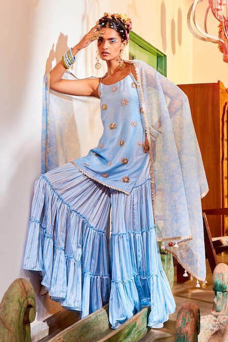 Shop Mona And Vishu Blue Dupion Silk, Dupatta Georgette, Sharara Modal Embroidered Kurta Set at Aza Fashions Shop_Mona And Vishu_Blue Dupion Silk, Dupatta Georgette, Sharara Modal Embroidered Kurta Set _at_Aza_Fashions