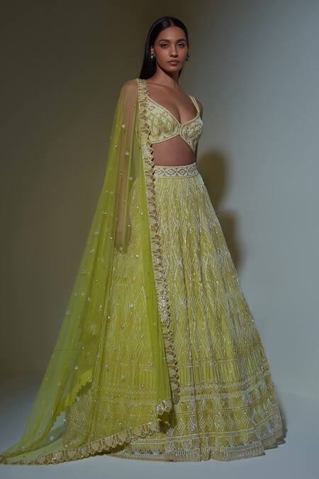 Shop_Ritika Mirchandani_Green Net, Crepe And Double Georgette Thread, Bead, Diamond Pattern Lehenga Set _at_Aza_Fashions