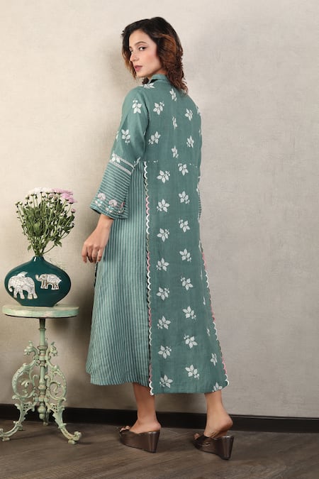 Shop_Falguni.Foram_Green Gingham, Linen Lace, Embroidery Collared Leaf Print Midi Dress _at_Aza_Fashions